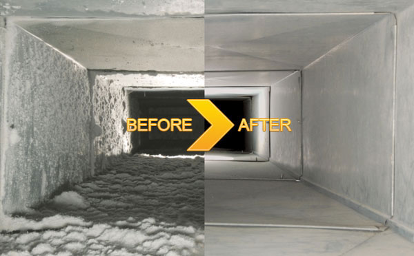 A before and after picture of the inside of an air duct.