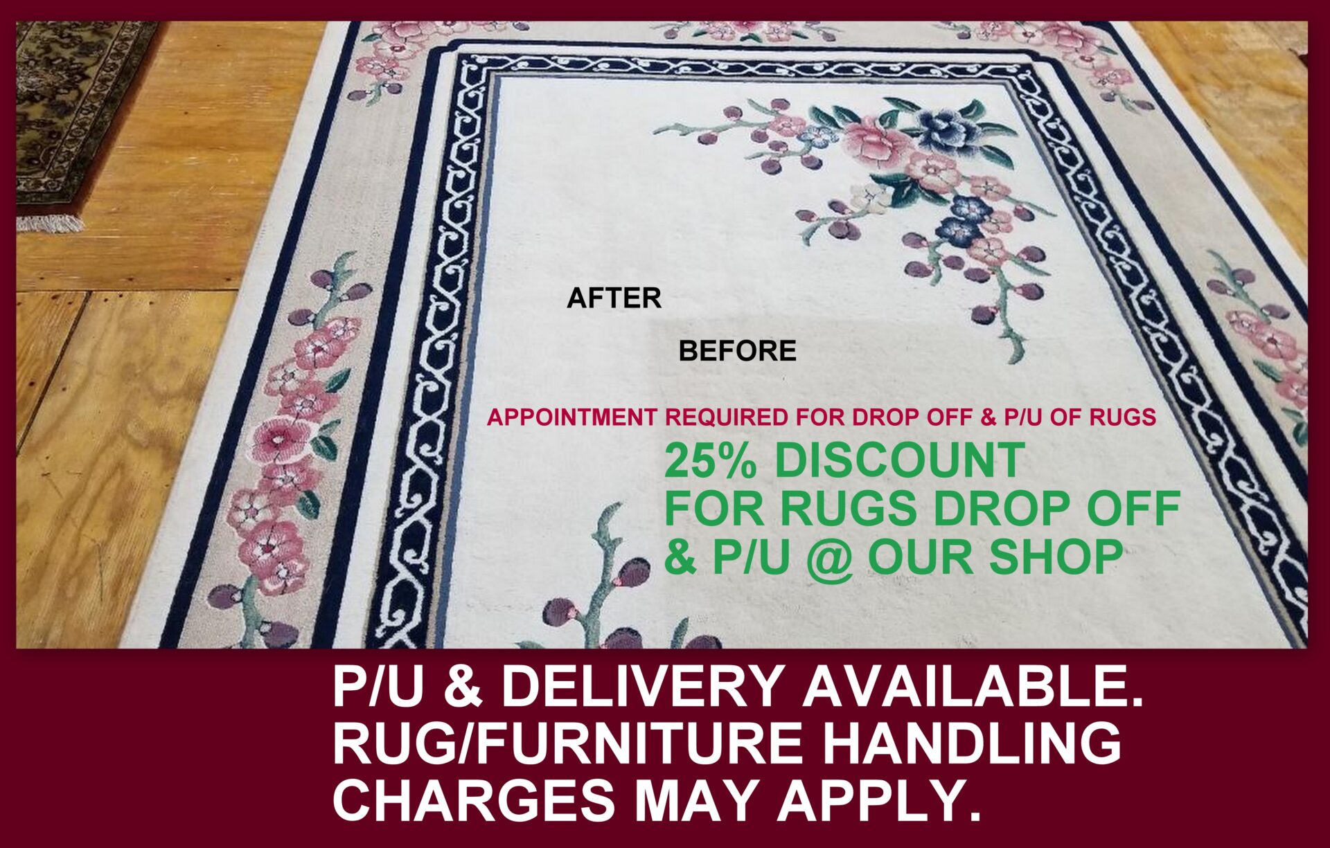 A rug is being advertised for sale by the rug store.