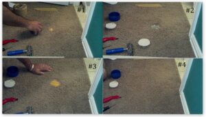 A series of four photos showing the process of removing paint from carpet.