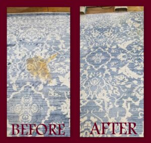 A before and after picture of the rug being cleaned.